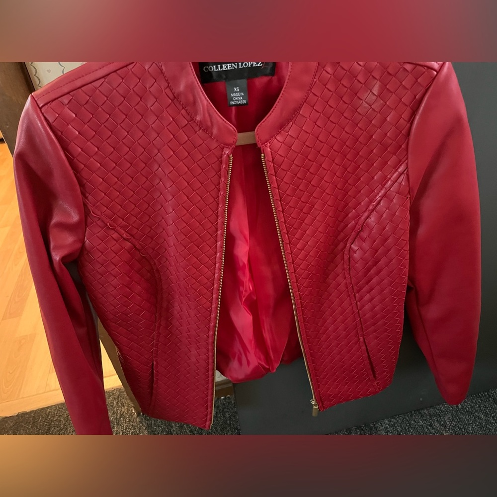 Colleen Lopez, faux , red leather jacket. Size S